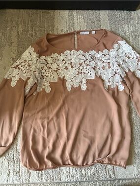 New York & Company Mauve Blouse with White Lace Yoke